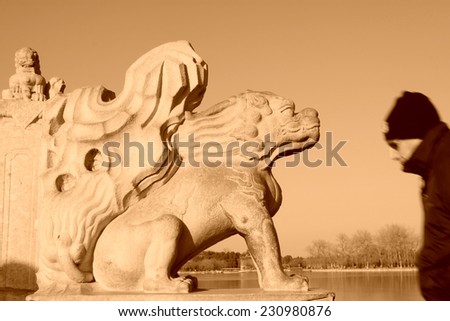 Animal sculpture on seventeen holes bridge railing in the Summer Palace, Beijing, china