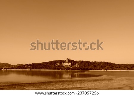 Tower of Buddhist incense and frozen Kunming lake in the Summer Palace on December 10, 2011, Beijing, china.