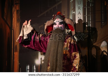 LUANNAN  COUNTY - DECEMBER 13: Chinese traditional PingJu character showing classical costumes, on december 13, 2014, Luannan County, Hebei Province, China