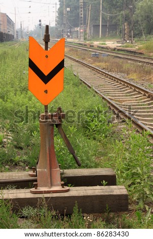 closeup of railway rail switch