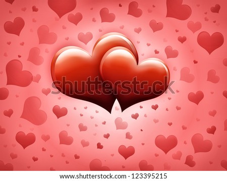Valentin`s Day Card with two big red hearts and many smaller hearts on a red background