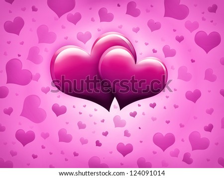 Valentines Day Card with two big pink hearts and many smaller hearts on a pink background