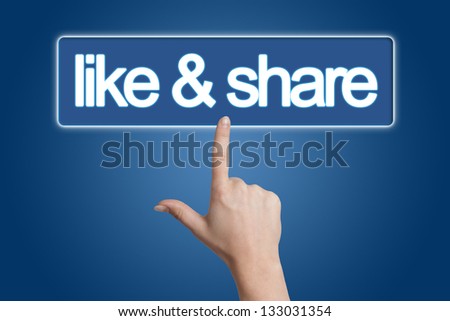 Hand pressing like & share button isolated on blue background