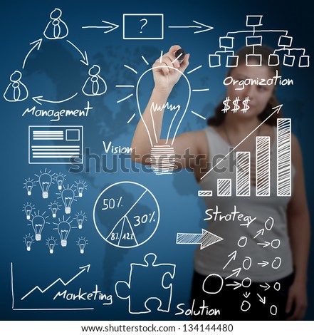 business woman writing business idea concept on transparent whiteboard - with blue world map background