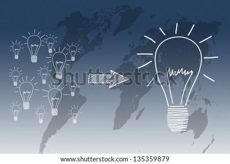 creativity concept to manage good ideas on blue-white world map background