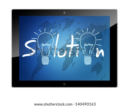 Tablet computer with a Solution illustration on blue background with world map