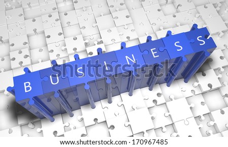 Business - puzzle 3d render illustration with text on blue jigsaw pieces stick out of white pieces