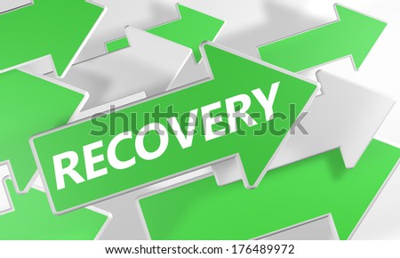 Recovery 3d render concept with green and white arrows flying upwards over a white background.