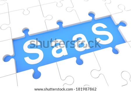 Software as a Service - puzzle 3d render illustration with word on blue background