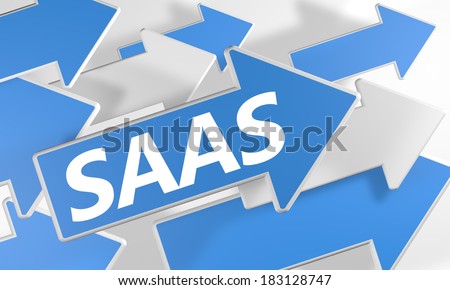 Software as a Service 3d render concept with blue and white arrows flying over a white background.