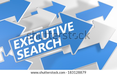 Executive Search 3d render concept with blue and white arrows flying over a white background.