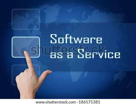 Software as a Service concept with interface and world map on blue background
