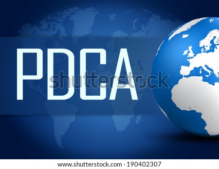 Plan Do Check Act concept with globe on blue world map background