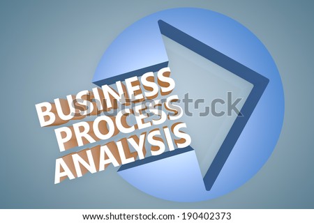 Business Process Analysis - 3d text render illustration concept with a arrow in a circle on blue-grey background