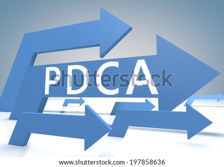 Plan Do Check Act 3d render concept with blue arrows on a bluegrey background.