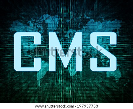Content Management System text concept on green digital world map background