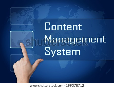 Content Management System concept with interface and world map on blue background