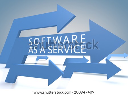 Software as a Service 3d render concept with blue arrows on a bluegrey background.