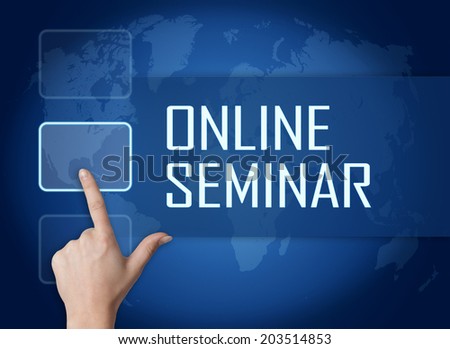 Online Seminar concept with interface and world map on blue background