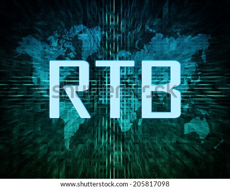 RTB - Real Time Bidding text concept on green digital world map background