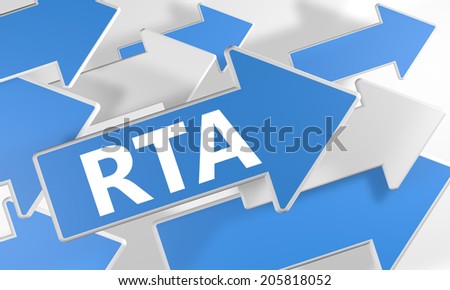 RTA - Real Time Advertising 3d render concept with blue and white arrows flying over a white background.