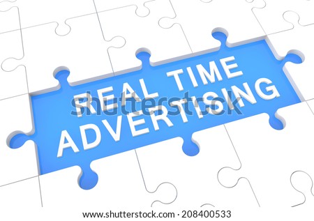 Real Time Advertising - puzzle 3d render illustration with word on blue background