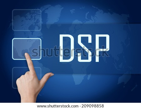 DSP - Demand Side Platform concept with interface and world map on blue background