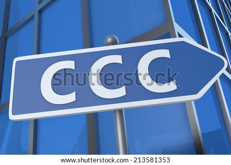 CCC - Customer Care Center - illustration with street sign in front of office building.