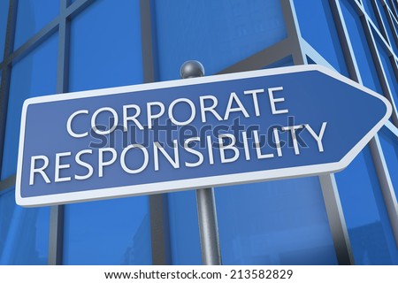 Corporate Responsibility - illustration with street sign in front of office building.