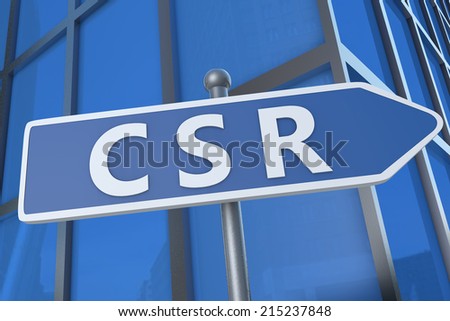 CSR - Corporate Social Responsibility - illustration with street sign in front of office building.