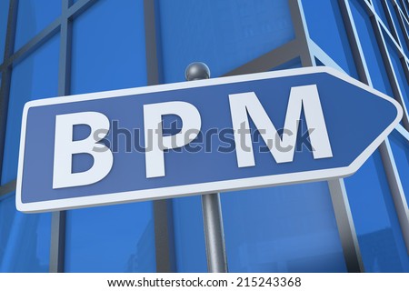 BPM - Business Process Management - illustration with street sign in front of office building.