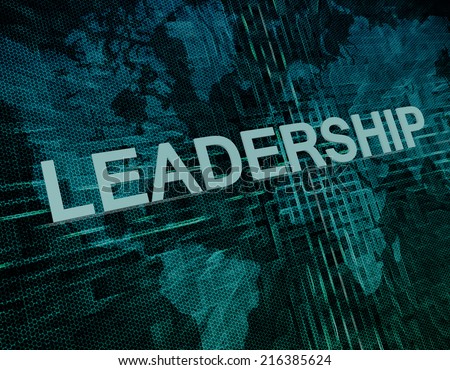Leadership text concept on green digital world map background
