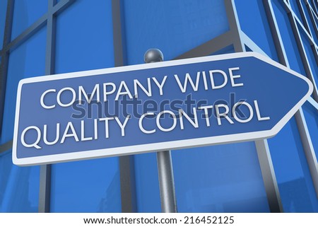 Company Wide Quality Control - illustration with street sign in front of office building.