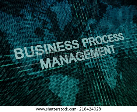 Business Process Management text concept on green digital world map background