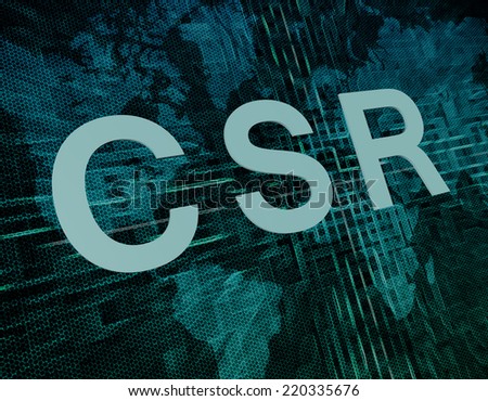 CSR - Corporate Social Responsibility text concept on green digital world map background