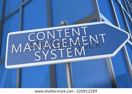Content Management System - illustration with street sign in front of office building.