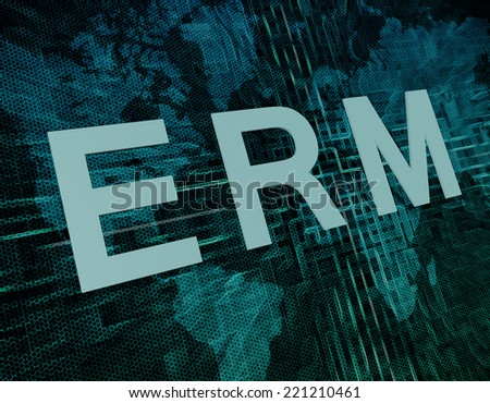 ERM - Enterprise Risk Resource Management text concept on green digital world map background