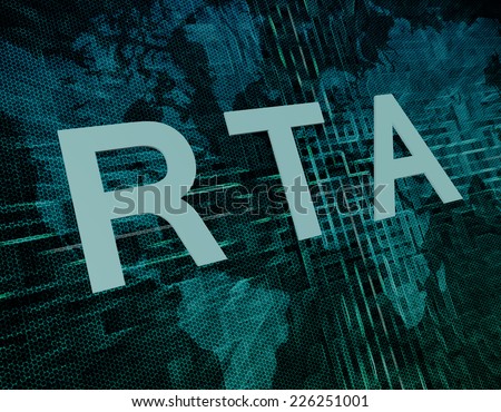 RTA - Real Time Advertising text concept on green digital world map background