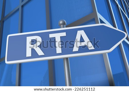 RTA - Real Time Advertising - illustration with street sign in front of office building.