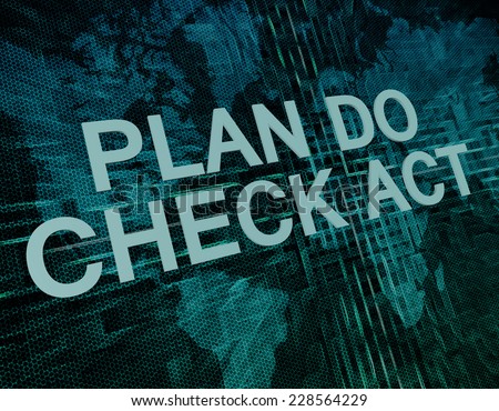 Plan Do Check Act text concept on green digital world map background