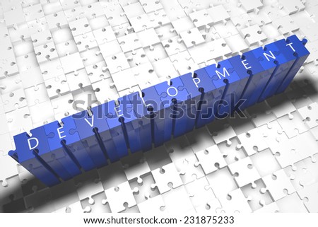 Development - puzzle 3d render illustration with block letters on blue jigsaw pieces