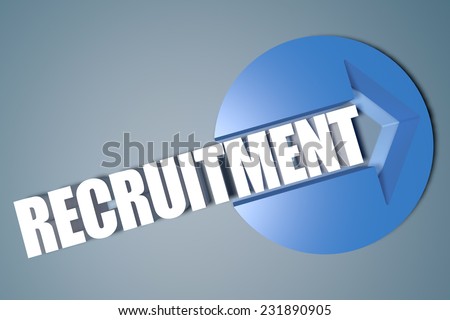 Recruitment - 3d text render illustration concept with a arrow in a circle on blue-grey background