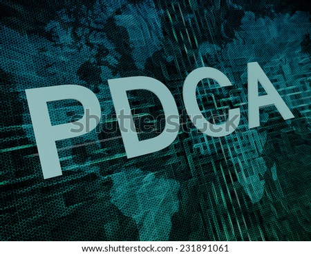 PDCA - Plan Do Check Act text concept on green digital world map background