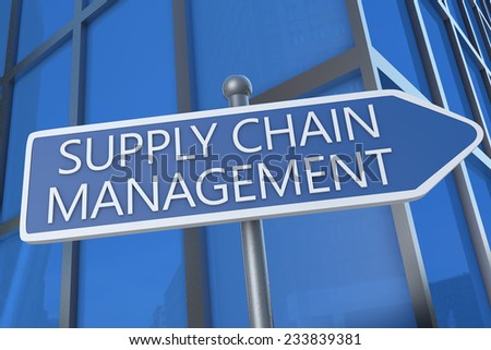 Supply Chain Management - illustration with street sign in front of office building.
