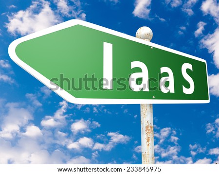 IaaS - Infrastructure as a Service - street sign illustration in front of blue sky with clouds.