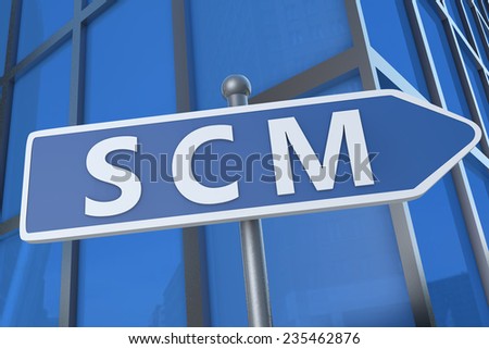 SCM - Supply Chain Management - illustration with street sign in front of office building.