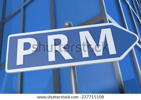 PRM - Partner Relationship Management - illustration with street sign in front of office building.