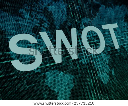 SWOT - Strengths, weaknesses, opportunities, and threats text concept on green digital world map background