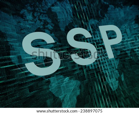 SSP - Supply Side Platform text concept on green digital world map background
