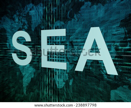 SEA - Search Engine Advertising text concept on green digital world map background